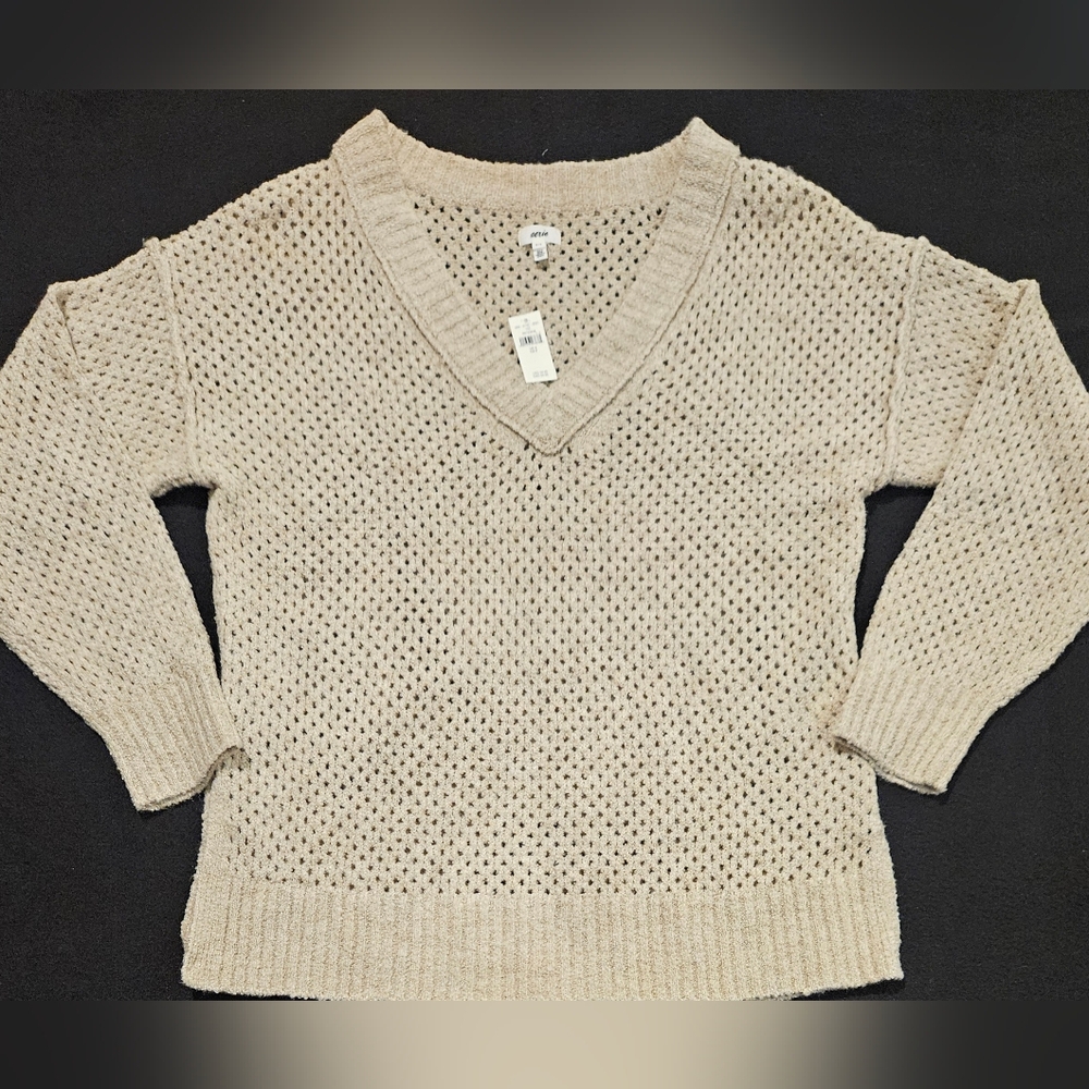 🆕️Aerie V Neck Open Knit‎ Sweater Tunic Taupe Oversized Women's Size Small